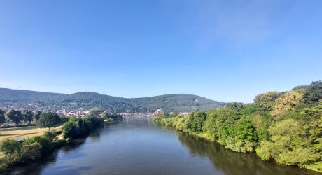 Blick von der neuen Mainbrücke entlang des Mains nach Miltenberg